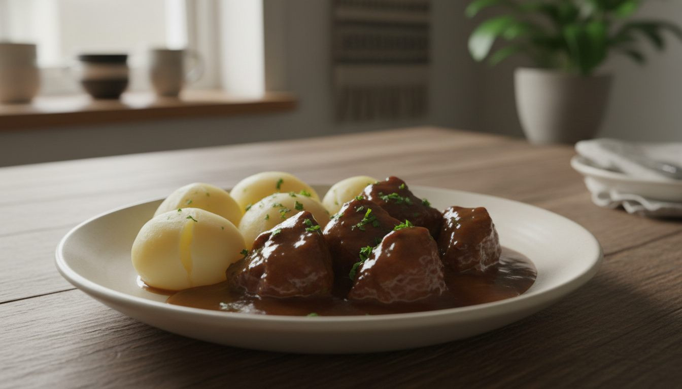 Norsk bankekjøtt i brun saus med kokte poteter på godtnoe.no