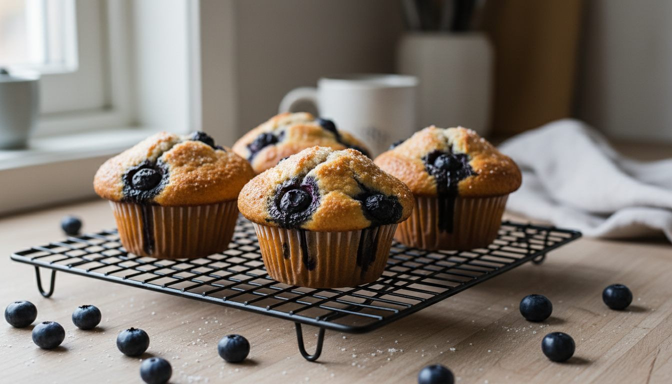 Saftige blåbærmuffins med nyplukkede blåbær på godtnoe.no