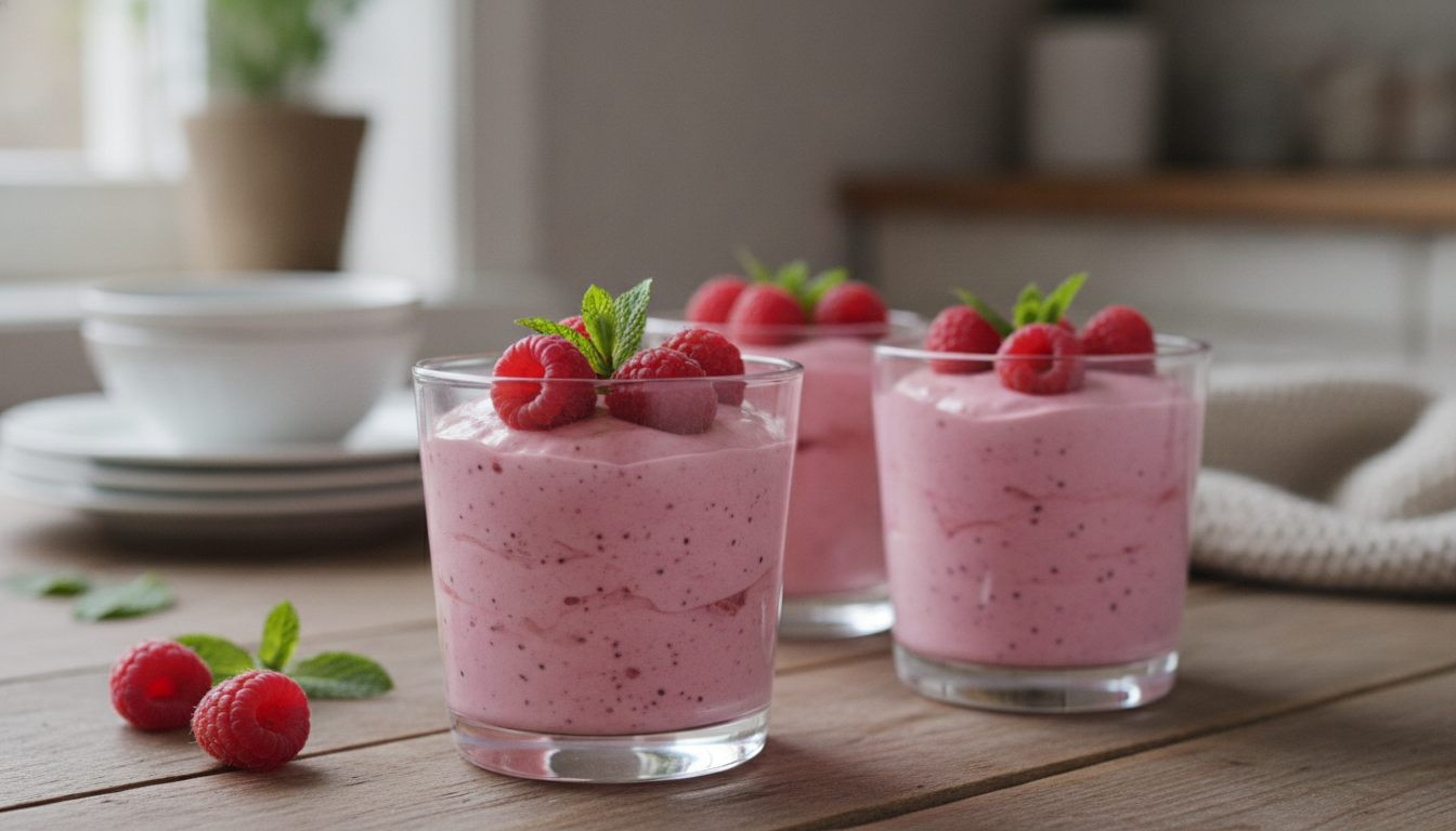 Rosa bringebærmousse i glass med friske bringebær på godtnoe.no