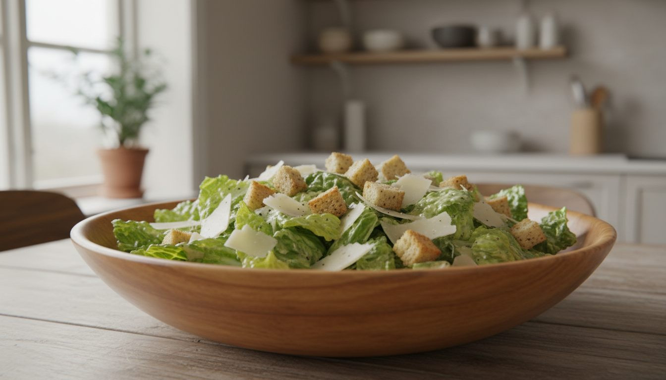 Caesarsalat med krutonger og parmesan i en skål på godtnoe.no