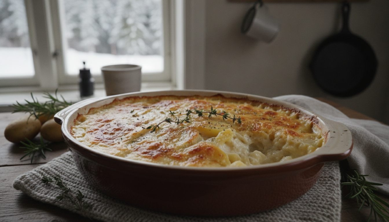 Fløtegratinerte poteter med gyllen topp i et ildfast fat på godtnoe.no