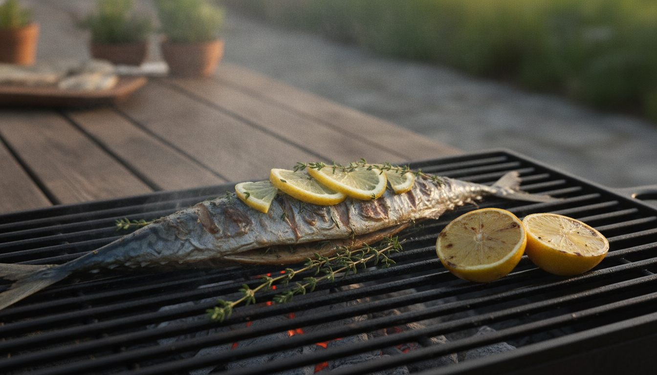 Hel grillet makrell med sitronskiver og timian på grillristen på godtnoe.no