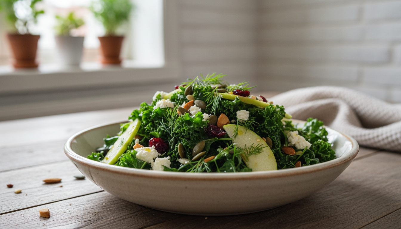Frisk grønnkålsalat med topping i en skål på godtnoe.no