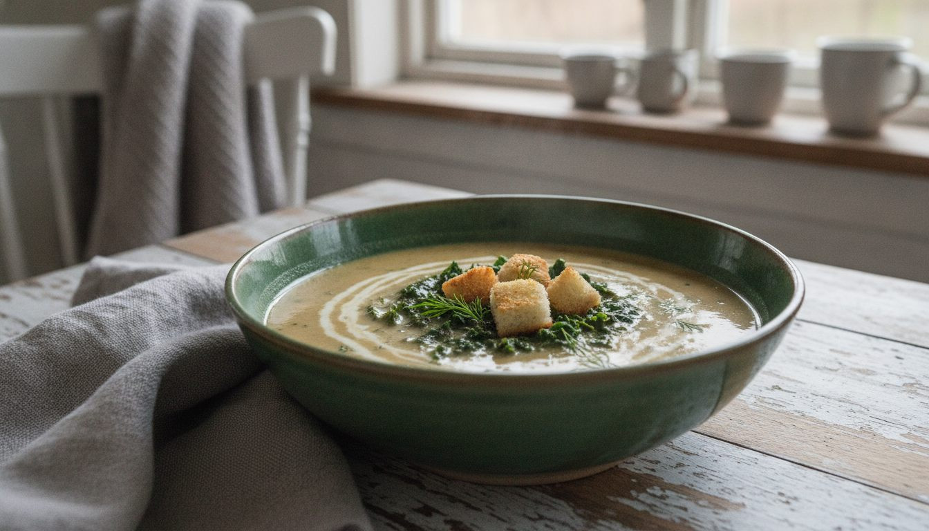Kremet grønnkålsuppe med kylling og sprøstekt bacon på godtnoe.no