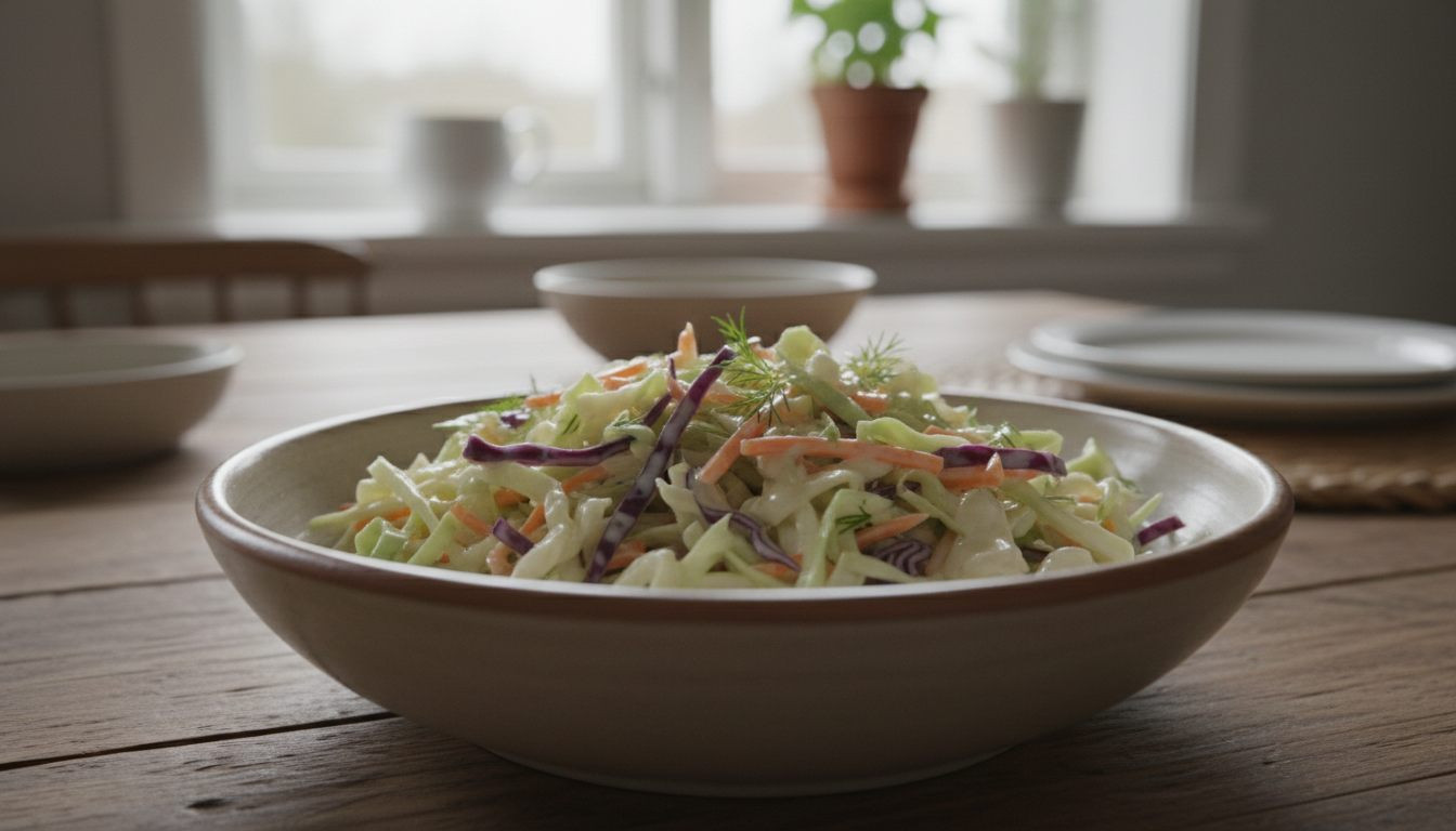 Frisk kremet kålsalat i en skål på godtnoe.no
