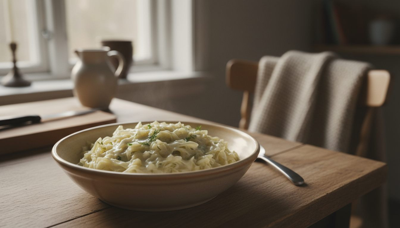 Kremet kålstuing i hvit saus i en skål på godtnoe.no