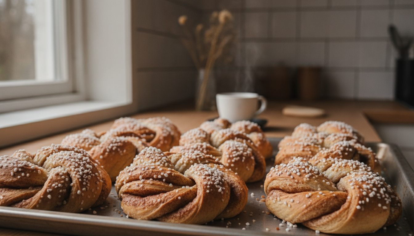 Nybakte norske kanelboller med perlesukker på et bakebrett på godtnoe.no