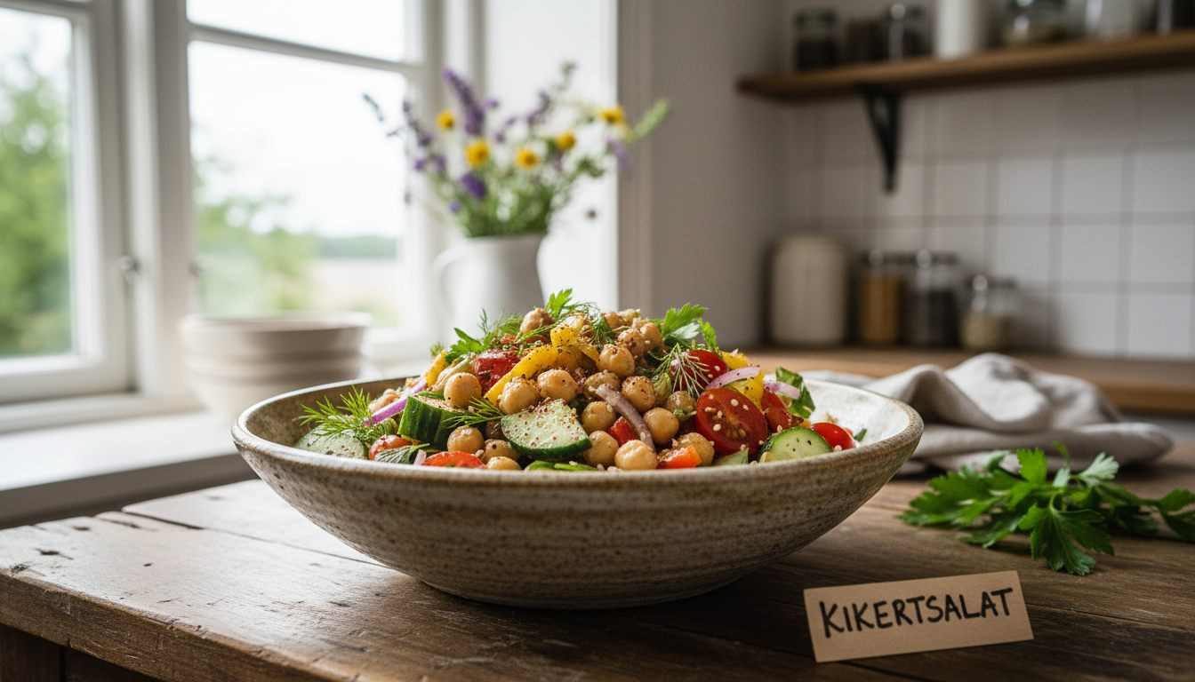 Frisk kikertsalat med grønnsaker i en skål på godtnoe.no