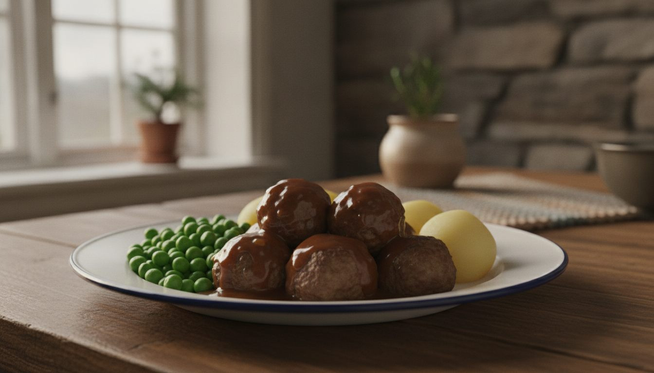 Norske kjøttboller med brun saus, erter og kokte poteter på godtnoe.no