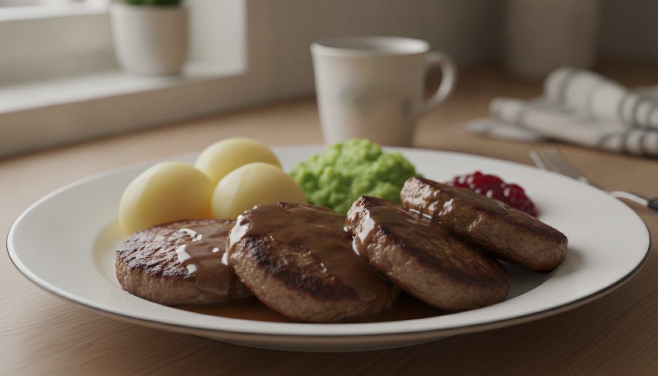 Kjøttkaker i brun saus servert med kokte poteter, ertestuing og tyttebær