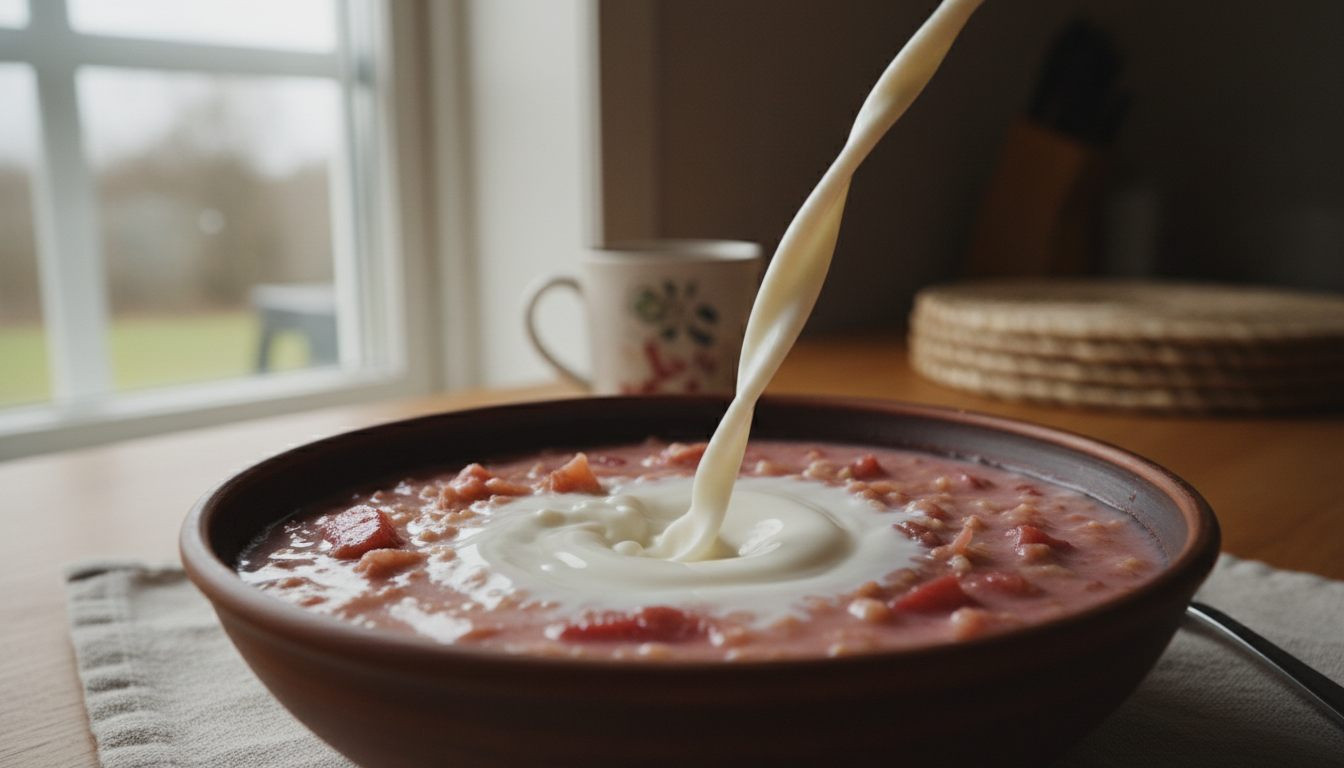 Rabarbragrøt i en skål med melk på godtnoe.no