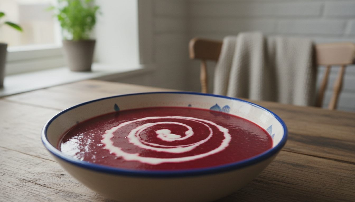 Knallrød rødbetesuppe med en klatt rømme på godtnoe.no