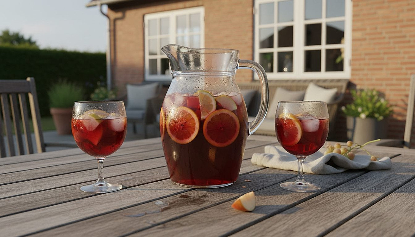 Iskald spansk sangria i en mugge med appelsin, sitron og eple på godtnoe.no