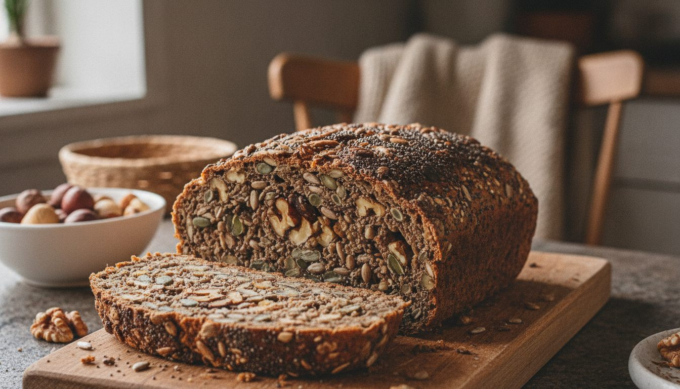 Steinalderbrød fullt av frø og nøtter i skiver på godtnoe.no