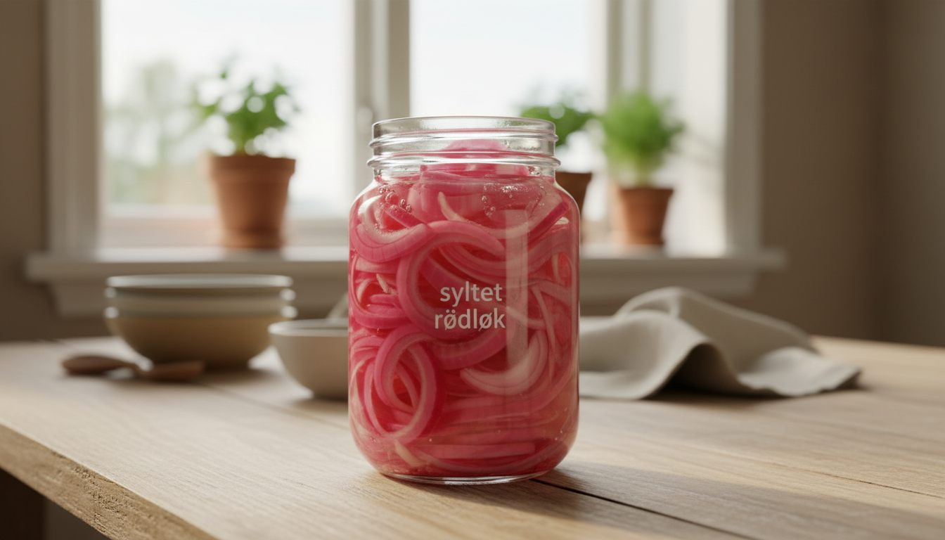 Glass med syltet rødløk i lyserød lake på godtnoe.no