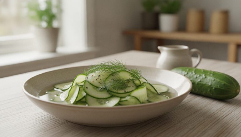 Agurksalat i en grunn skål, tynne gjennomsiktige agurkskiver i klar eddiklake med frisk dill og nykvernet pepper over