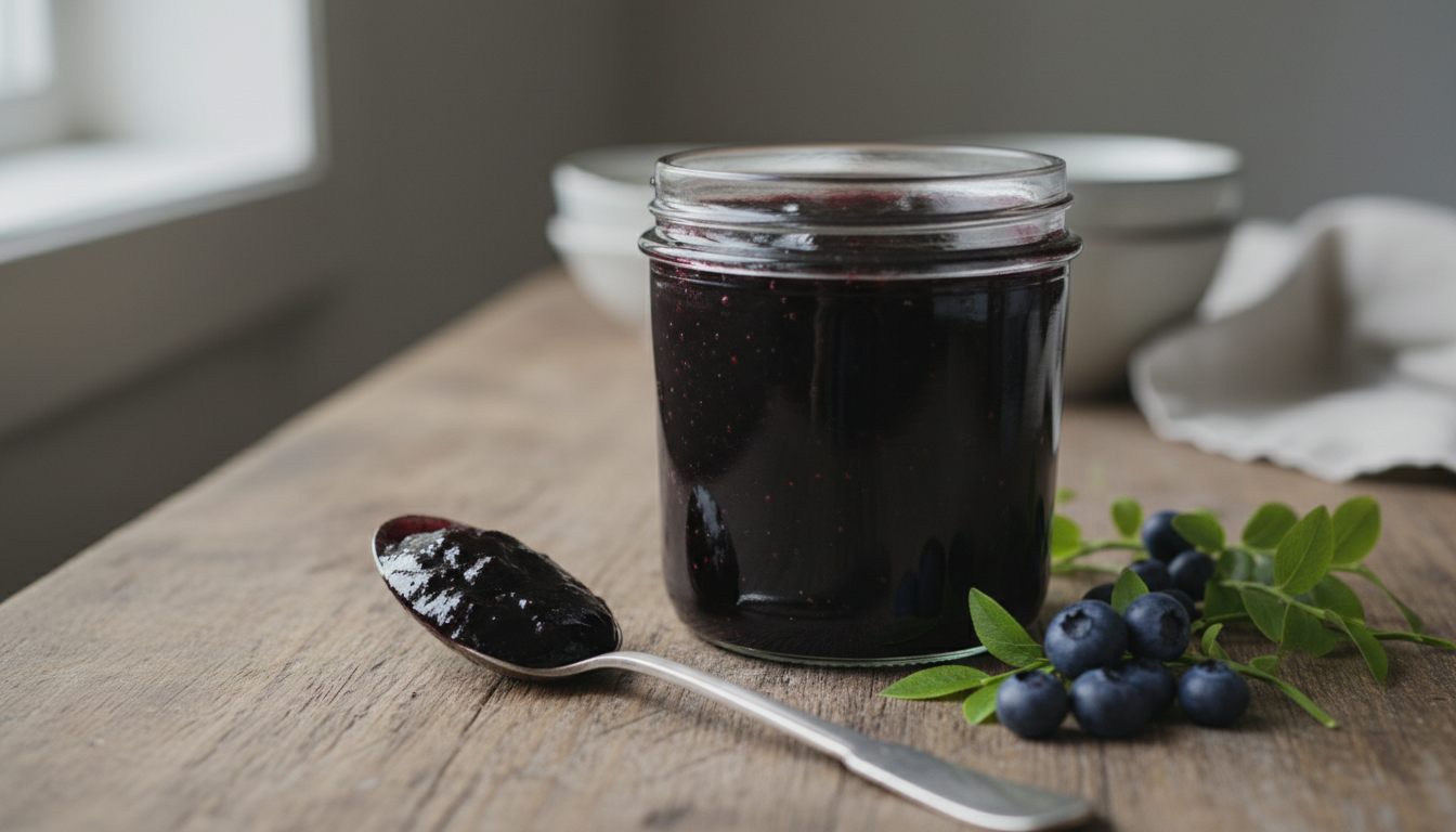 Glass med hjemmelaget blåbærsyltetøy og friske blåbær på et trebord på godtnoe.no