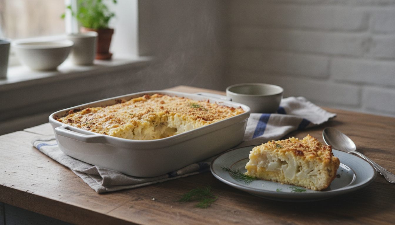 Blomkålgrateng i hvit ildfast form med gyllen rasp på toppen