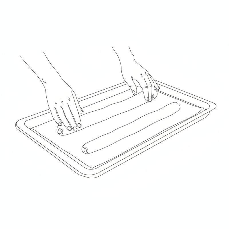 Illustrasjon: deig trilles til en lang jevn pølse på et stekebrett med bakepapir