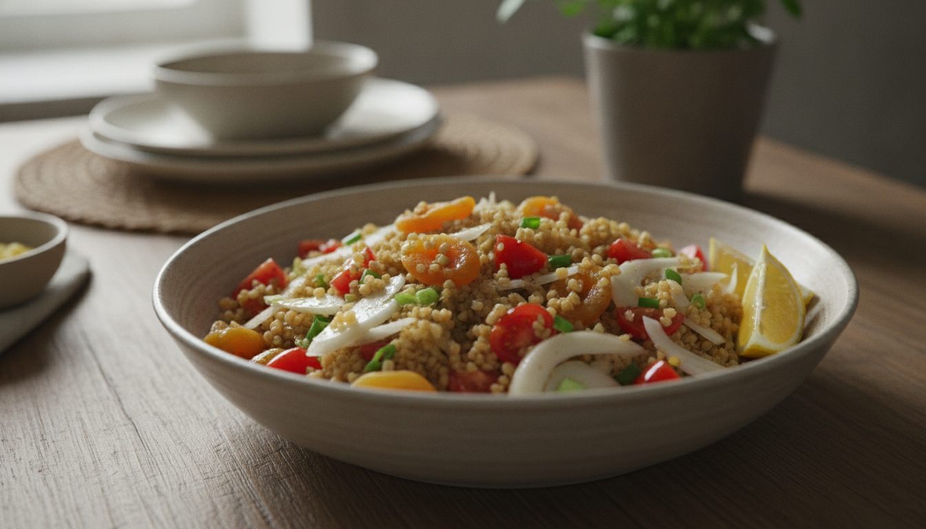 Bulgursalat med tomat, fennikel, tørkede aprikoser og vårløk