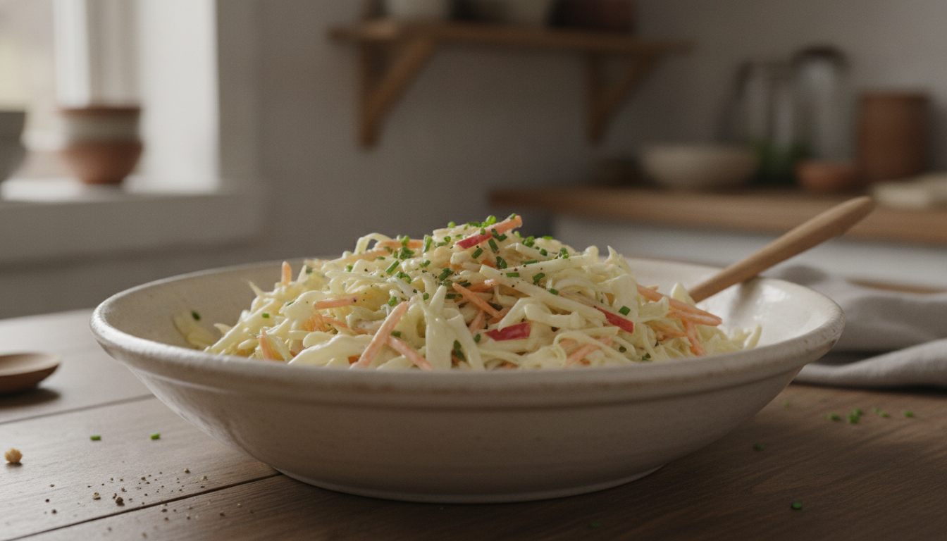 Coleslaw av finrevet hodekål, gulrot og rødt eple i kremet majonesdressing med gressløk