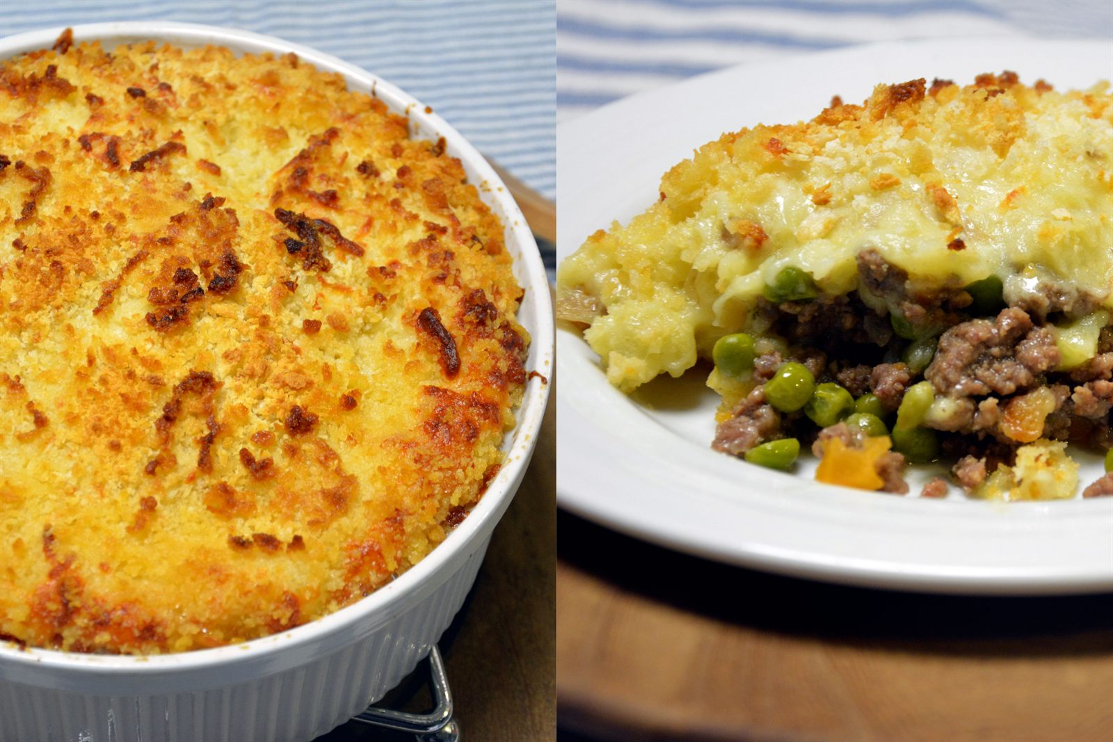 Cottage pie i hvit ildfast form med gyllen potetmos, og en porsjon på tallerken med kjøttdeig, erter og gulrot