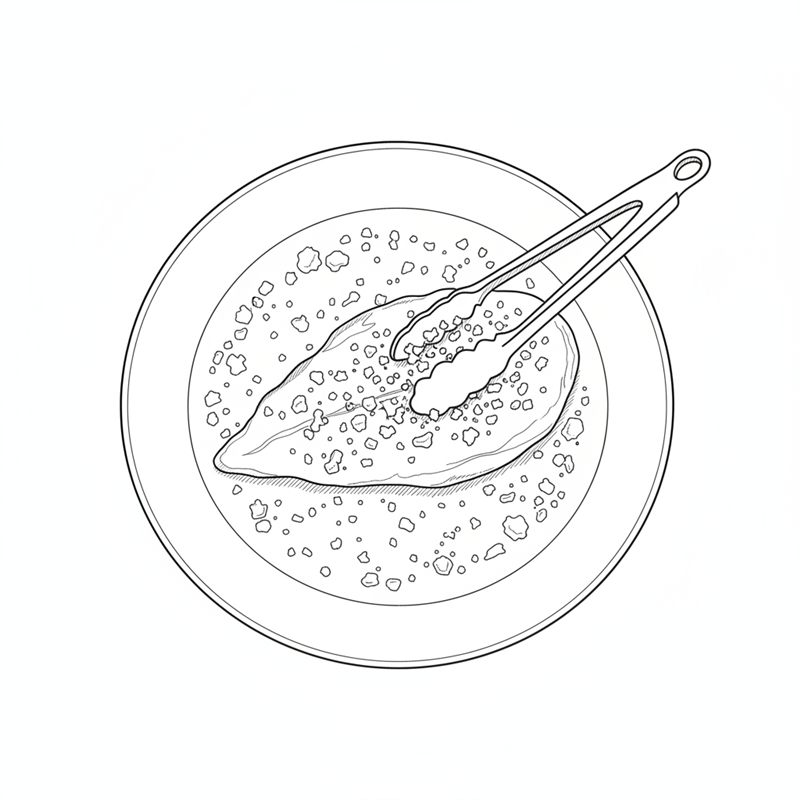 Illustrasjon: en utbanket kyllingfilet vendes i knuste cornflakes med en tang