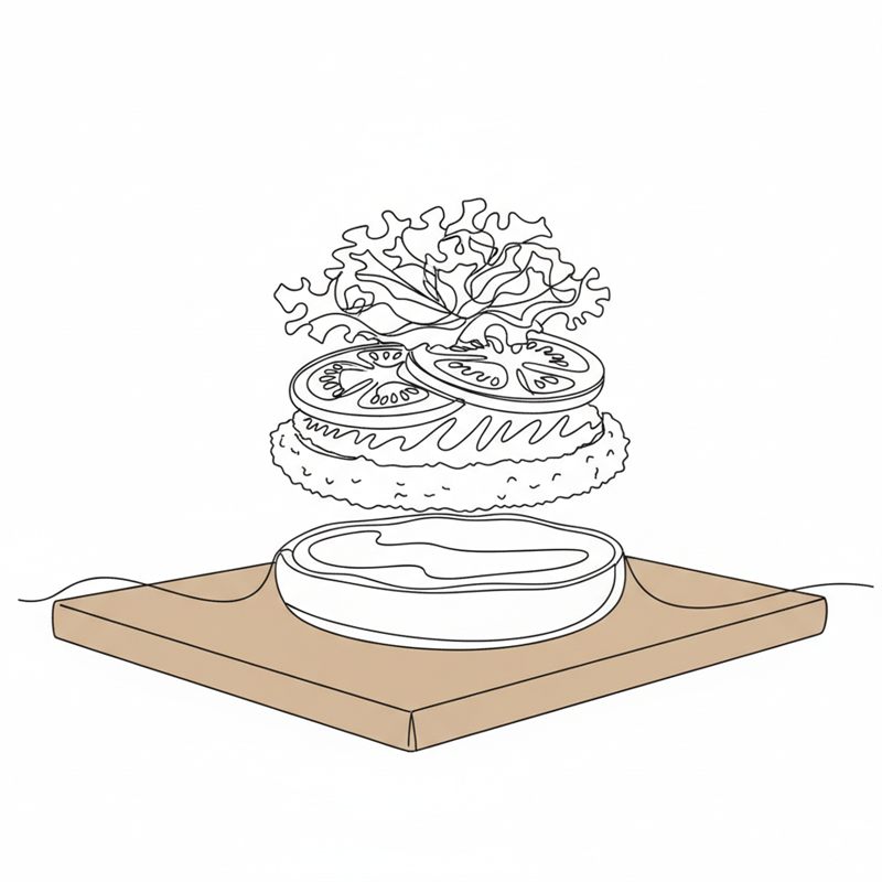 Illustrasjon: et burgerbrød settes sammen med chilimajones, panert kylling, tomatskiver og salat