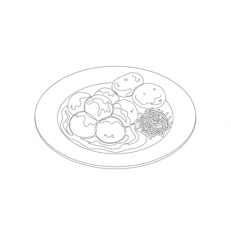 Illustrasjon: dyp tallerken med fiskeboller i saus, kokte poteter og revet gulrot