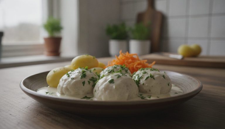 Fiskeboller i hvit saus med persille, servert med kokte poteter og revet gulrot på godtnoe.no
