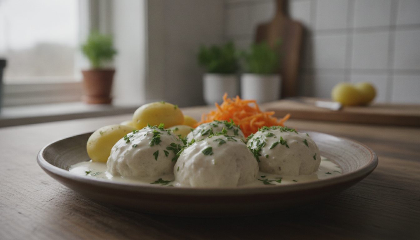 Fiskeboller i hvit saus med persille, servert med kokte poteter og revet gulrot på godtnoe.no
