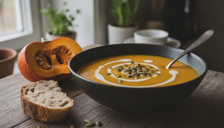 Skål med kremet gresskarsuppe med kokosmelk og ristede gresskarkjerner på et trebord på godtnoe.no