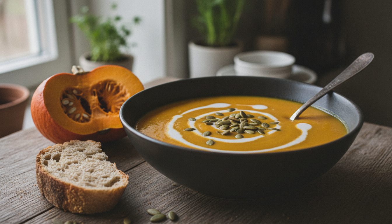 Skål med kremet gresskarsuppe med kokosmelk og ristede gresskarkjerner på et trebord på godtnoe.no