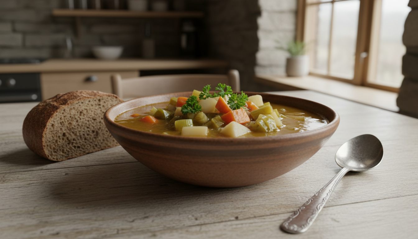 Grønnsakssuppe med gulrot, potet, purre og kål i gyllen kraft på godtnoe.no