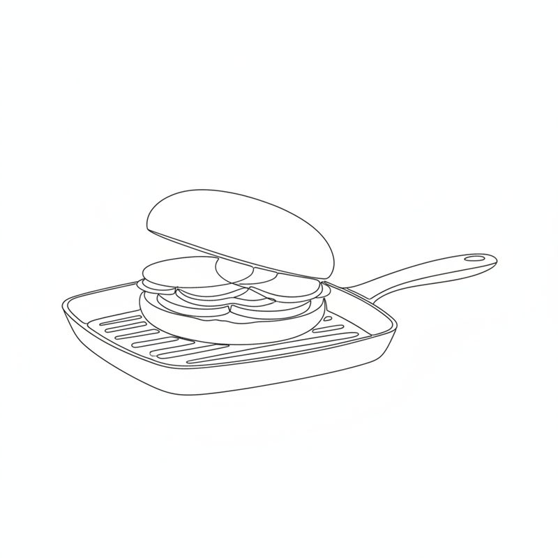 Illustrasjon: en ferdig burger ligger på en grillplate med riller