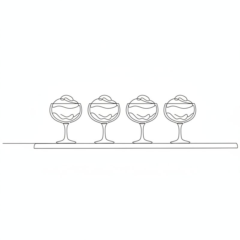 Illustrasjon: fylte dessertglass står på rad på en hylle
