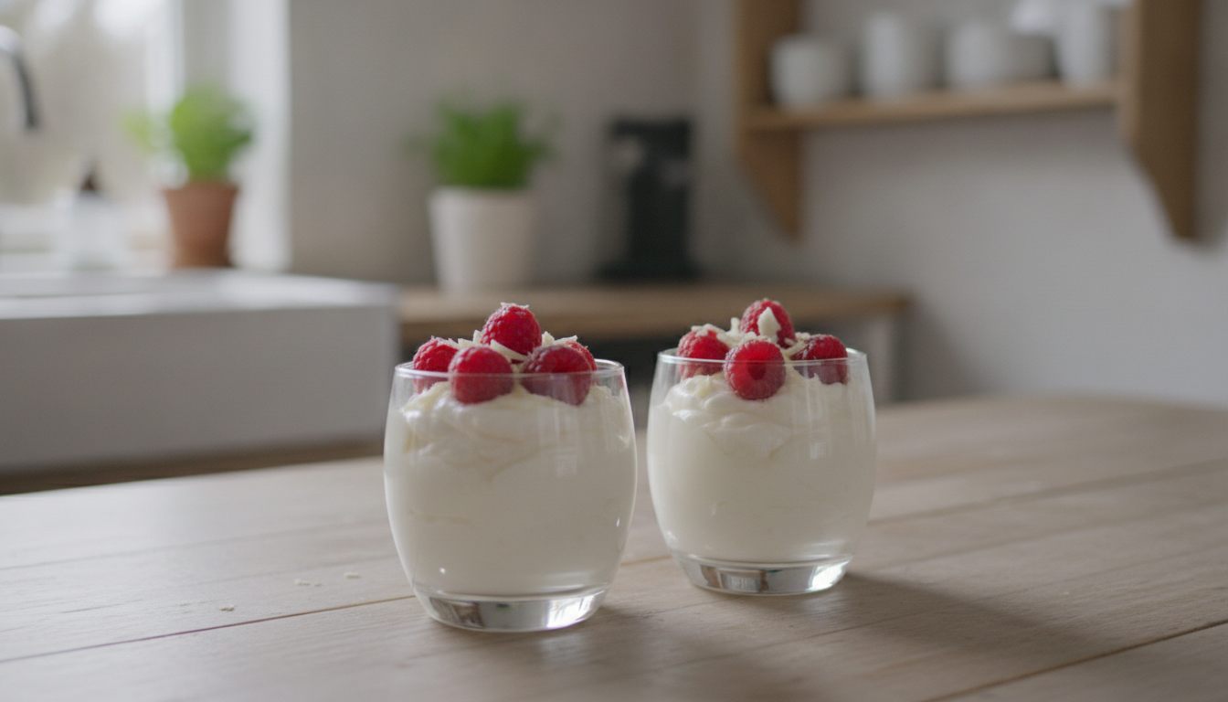 To glass med hvit sjokolademousse toppet med friske bringebær og revet hvit sjokolade