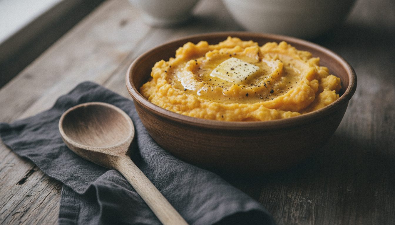 Kålrabistappe i en rustikk keramikkbolle, gyllen og grovmoset med en smeltende smørklatt og nykvernet pepper på toppen, med en treskje ved siden av