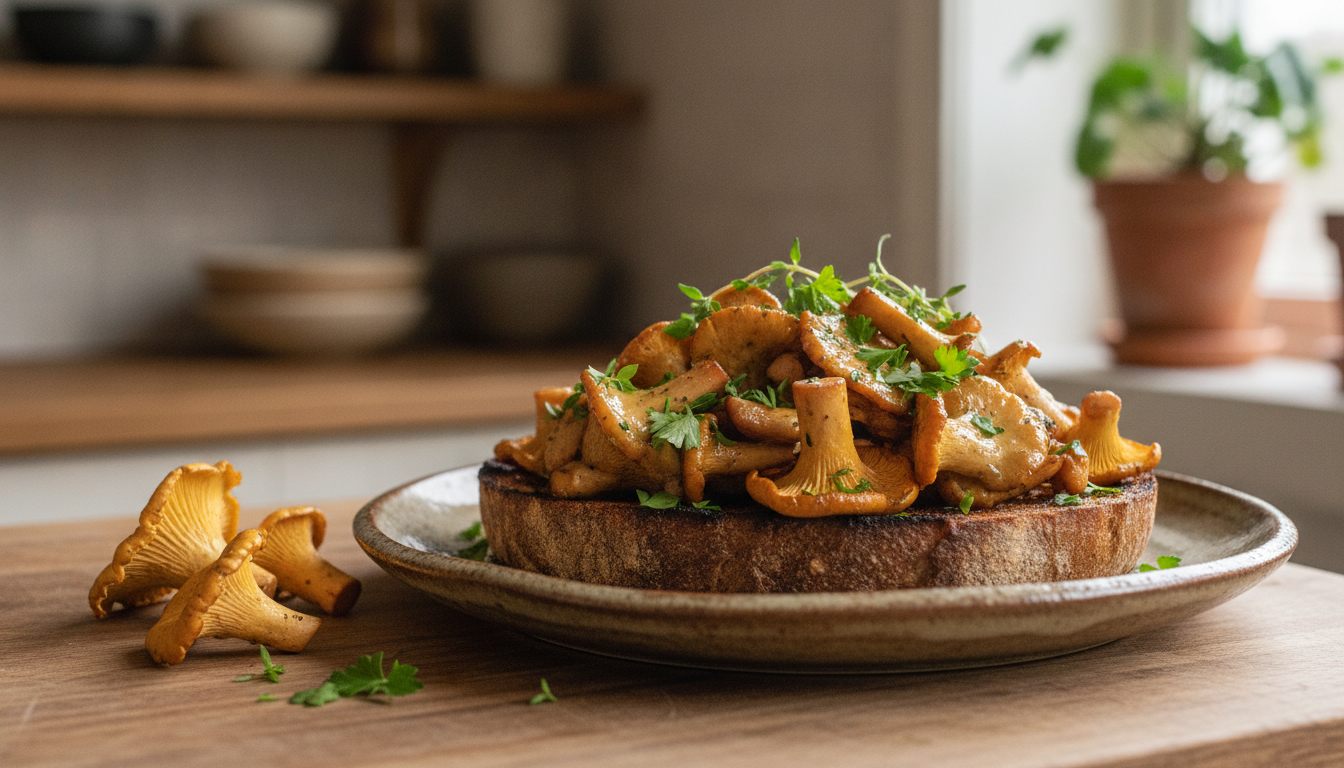 Smørstekte kantareller på en skive ristet surdeigsbrød, drysset med persille og timian, med noen hele kantareller ved siden av
