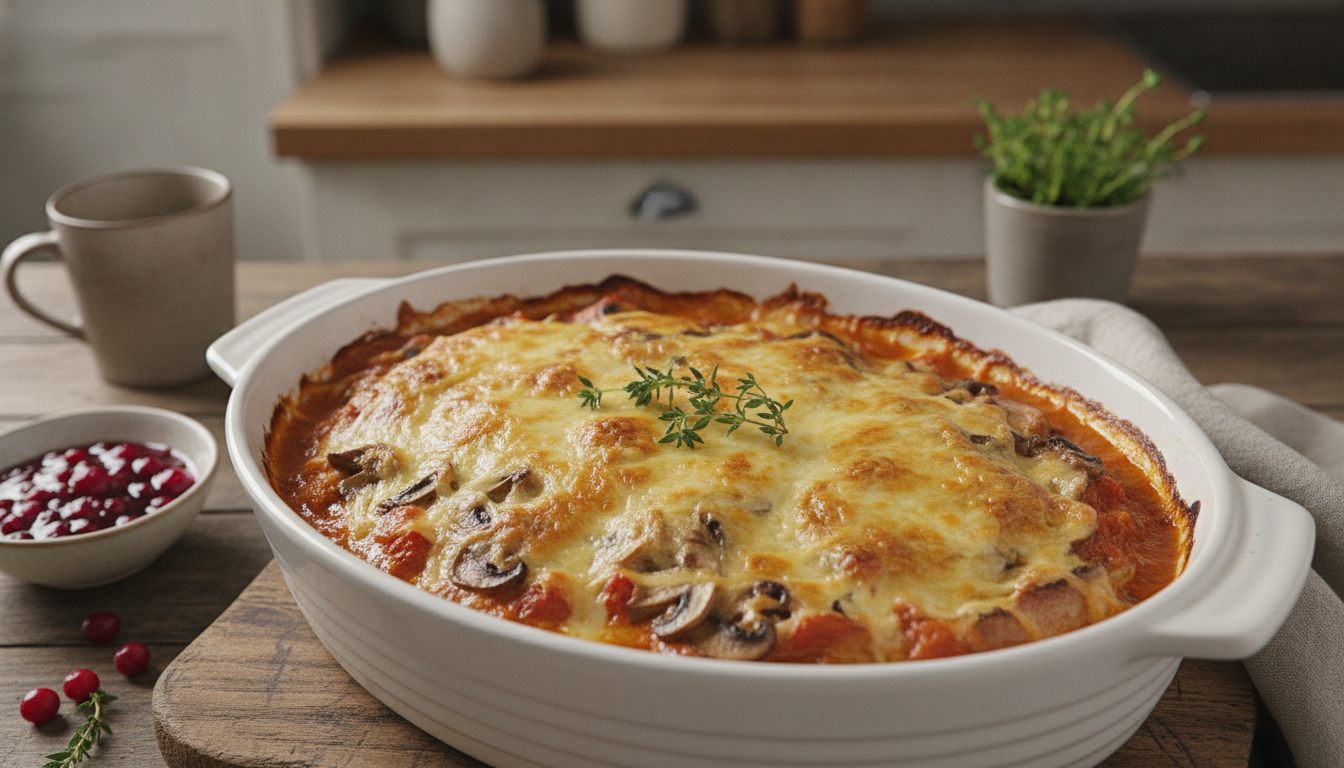 Koteletter i form med sjampinjong i kremet tomatsaus og gratinert ost