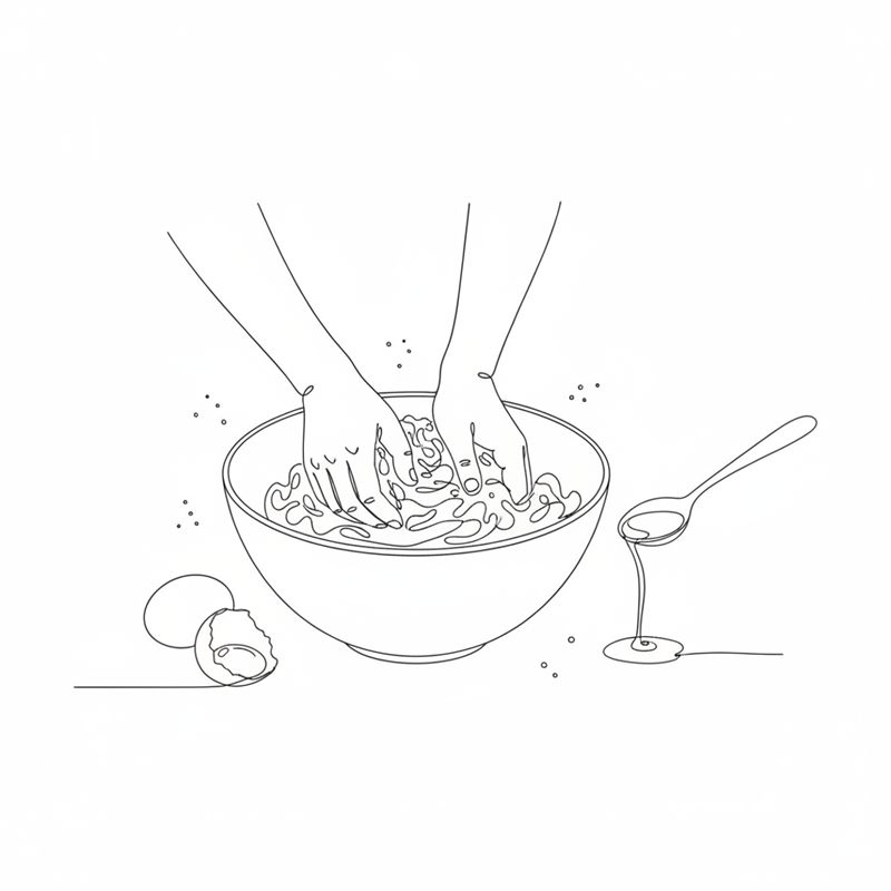 Illustrasjon: mel, egg og olivenolje eltes sammen til pastadeig i en bolle