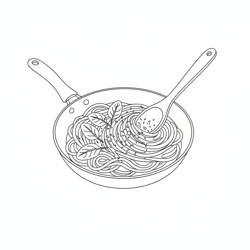 Illustrasjon: spinatblader og revet parmesan røres inn i en panne med kremet pasta