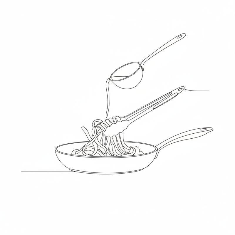 Illustrasjon: pasta vendes rundt i sausen med en klype mens pastavann helles i fra en øse