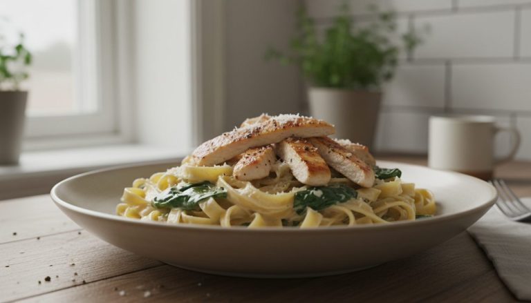 Kremet pasta med kylling i en dyp tallerken, med gyllenbrune kyllingstrimler, revet parmesan og nykvernet pepper over tagliatelle i lys fløtesaus