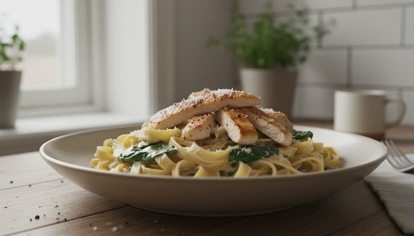 Kremet pasta med kylling i en dyp tallerken, med gyllenbrune kyllingstrimler, revet parmesan og nykvernet pepper over tagliatelle i lys fløtesaus