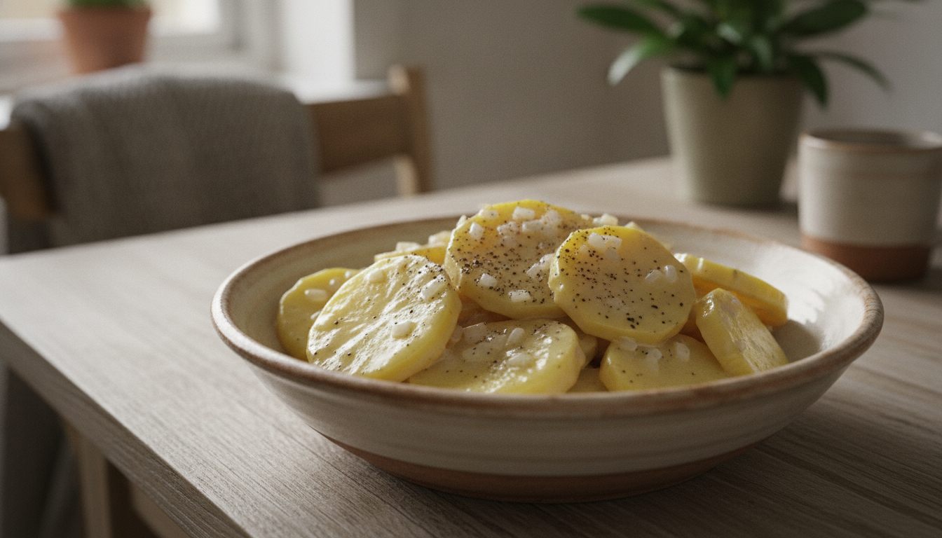 Lun potetsalat med potetskiver i lys melkesaus med løk og sennep