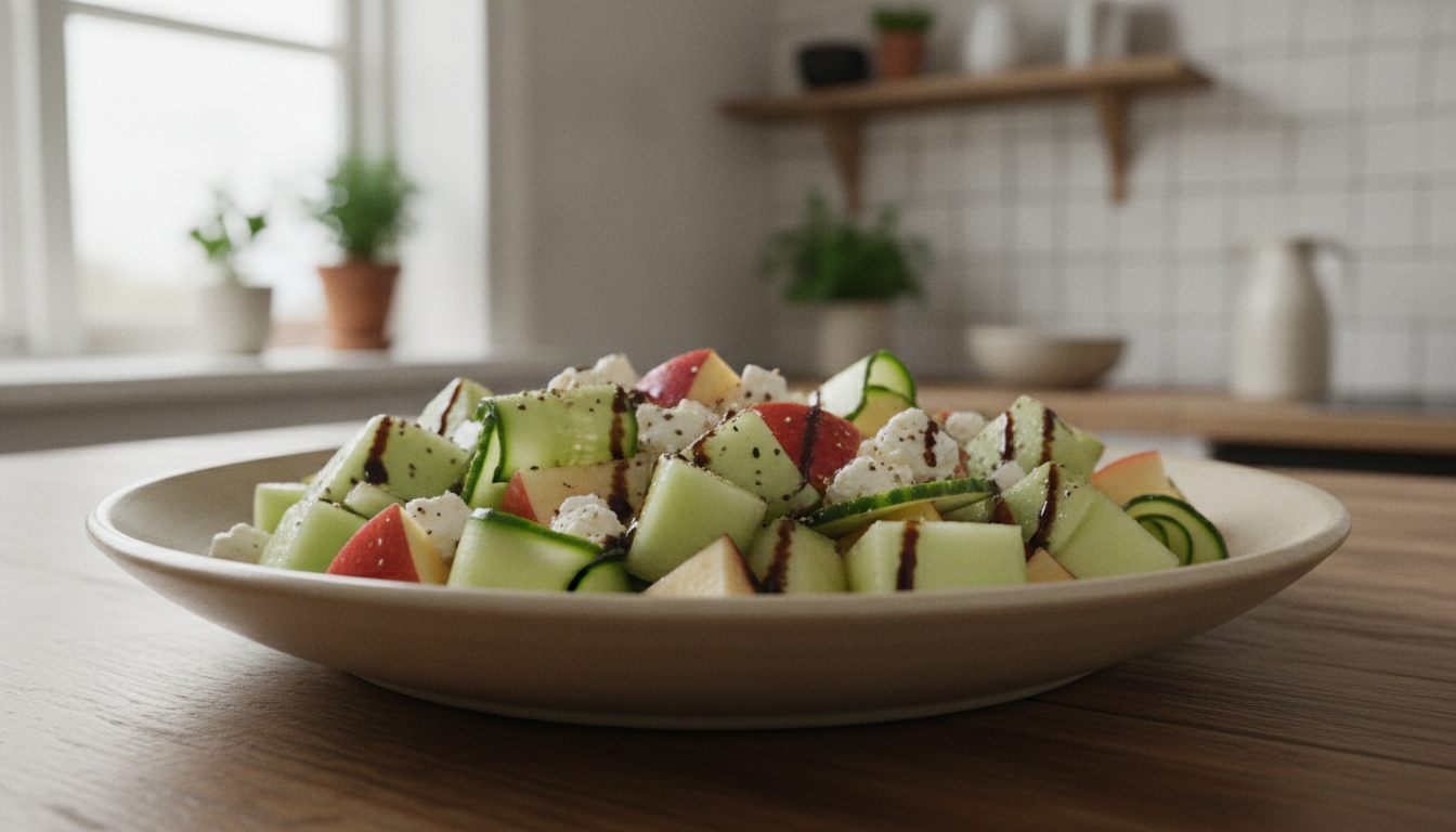 Melonsalat med honningmelon, agurk, eple og feta, dryppet med balsamico