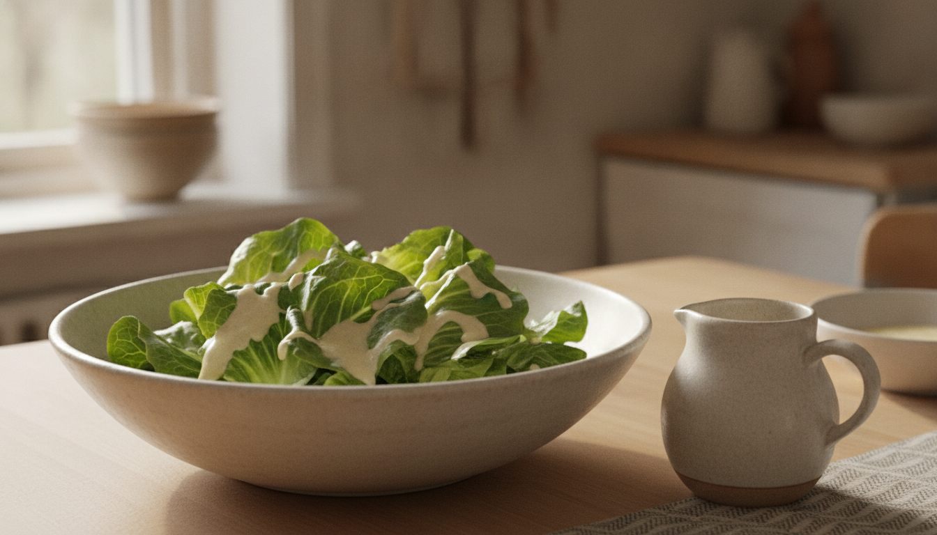 Grønn salat vendt i lys, kremet mormordressing med sitron