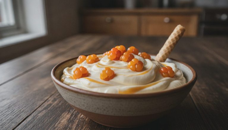 Multekrem i en skål, tykk pisket fløte marmorert med gule multer og pyntet med hele bær, med et krumkake-rull ved siden av