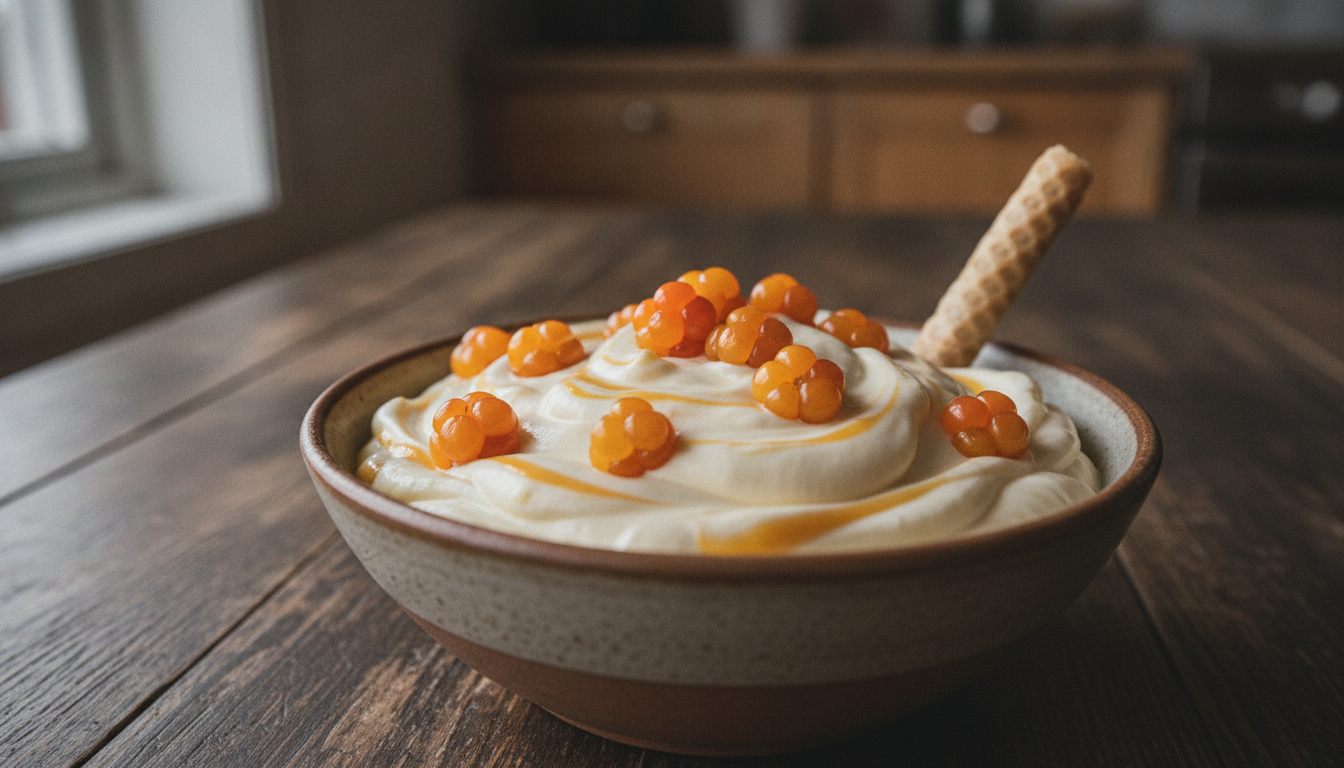 Multekrem i en skål, tykk pisket fløte marmorert med gule multer og pyntet med hele bær, med et krumkake-rull ved siden av